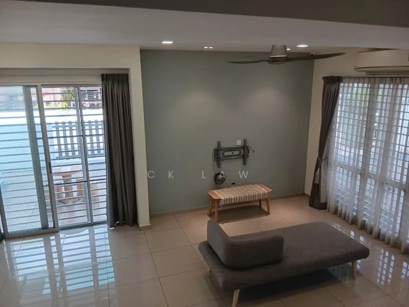 Living features: grey fabric sofa, wooden coffee table, floor-to-ceiling windows, sliding glass door, sheer curtains, dark grey accent wall, cream painted walls, glossy tile flooring, ceiling fan, wall-mounted TV, decorative wall panel; style: modern; view: garden.