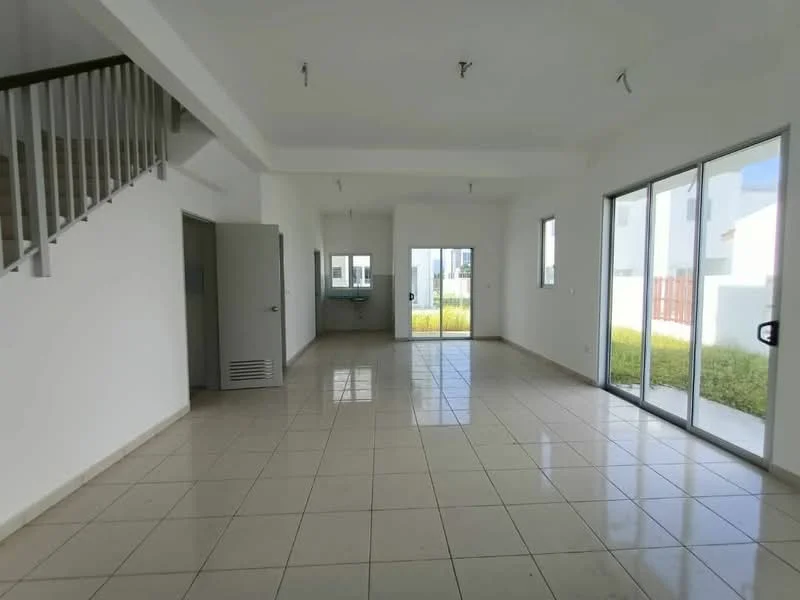 Living features: white painted walls, tile flooring, large floor-to-ceiling windows, sliding glass door, open layout, high ceiling, recessed ceiling lights, neutral color scheme, access to outdoor area, staircase visible in background; style: modern; view: garden. Kitchen features: open kitchen layout, kitchen counter visible, cabinets not detailed, neutral color scheme; style: modern; view: garden.