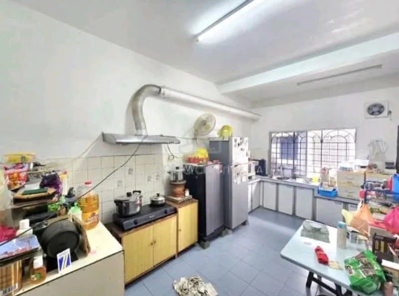 Kitchen features: white painted walls, grey tiled flooring, stainless-steel range hood, 4-burner gas hob, built-in oven, fridge, wood cabinetry, kitchen countertop, sink, multiple kitchen appliances, window with security bars, ceiling light fixture.
