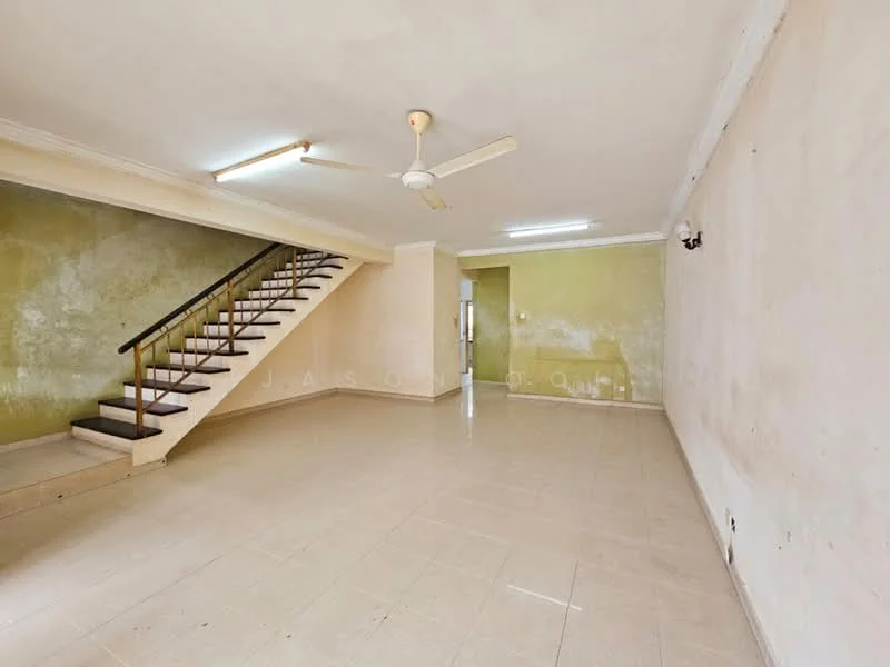 Living features: plain white walls, green accent wall, ceramic tile flooring, 5-blade ceiling fan, staircase with wooden steps, recessed ceiling lights, large open space, no visible furniture.
