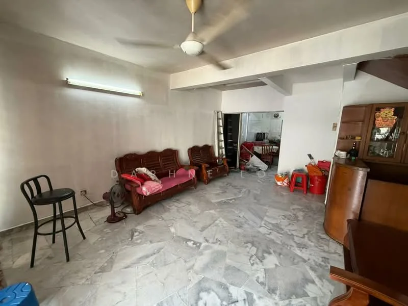 Living features: marble flooring, white painted walls, ceiling fan, sofa with pink upholstery, wooden coffee table, wooden sideboard, black bar stool, floor lamp, wall-mounted light fixture.