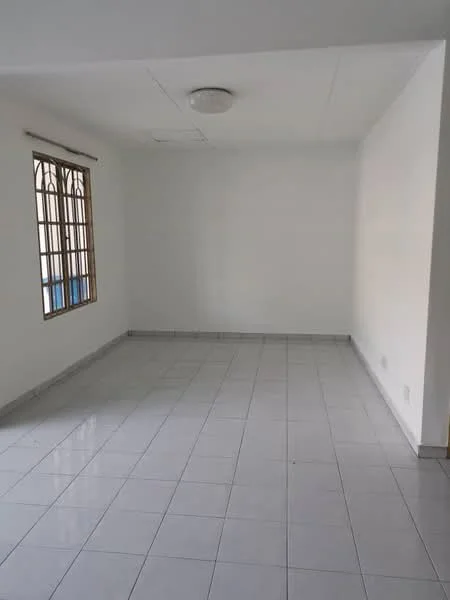 Room features: white painted walls, tile flooring, ceiling light fixture, window with metal grille, neutral color scheme.