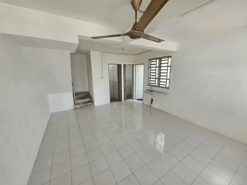 Room features: white painted walls, glossy ceramic tile flooring, ceiling fan, large windows with metal grilles, open layout, staircase visible in background, natural light from windows; style: minimalist.
