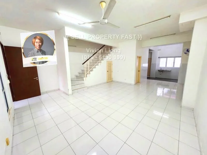 Room features: white painted walls, white tiled flooring, ceiling fan, staircase, large windows, doorway leading to another room, open layout, natural light; style: modern.