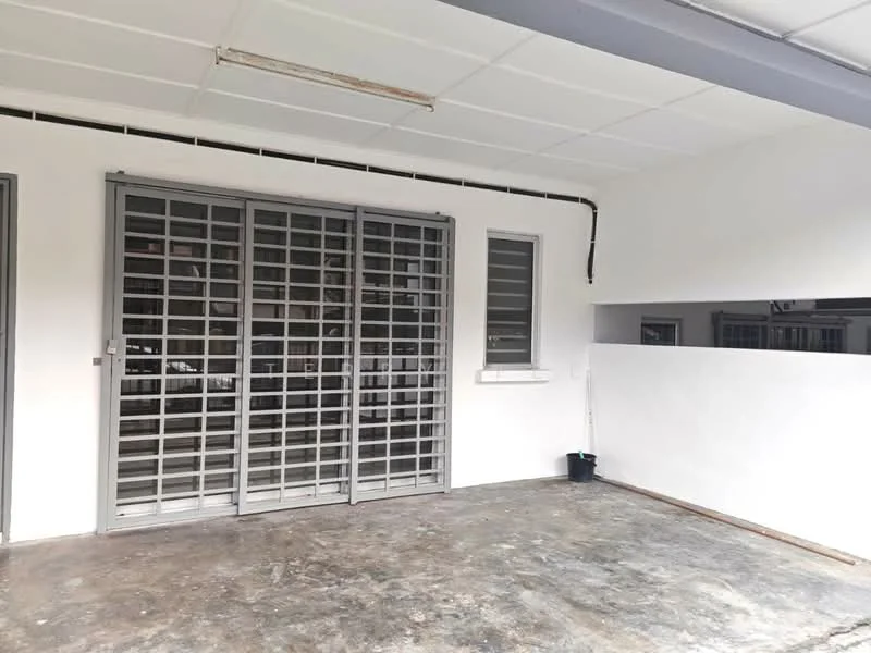 Room features: grey concrete flooring, white painted walls, metal security grille doors, two windows with grilles, ceiling with fluorescent lighting, open space layout; style: modern.