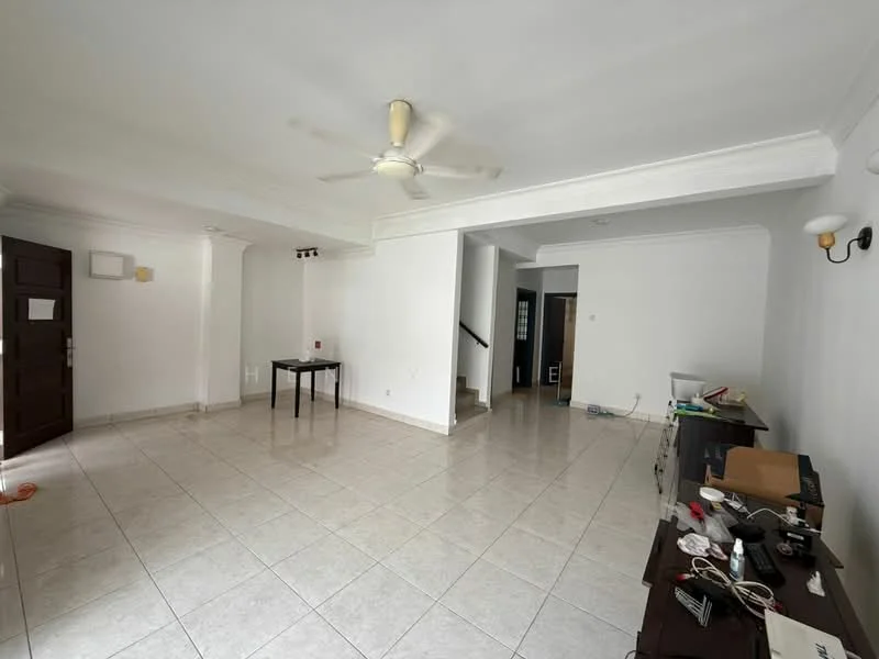 Living features: white painted walls, ceramic tile flooring, 5-blade ceiling fan, wall-mounted light fixtures, open layout, large windows, staircase visible in background, table in center, wooden console table, electrical outlets visible; style: modern.