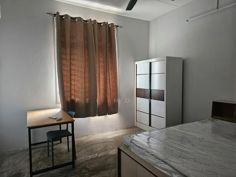 Bedroom features: brown curtains, single bed with mattress, wooden bedside table, study desk with chair, white wardrobe with sliding doors, grey painted walls, marble flooring, ceiling fan; style: minimalist.
