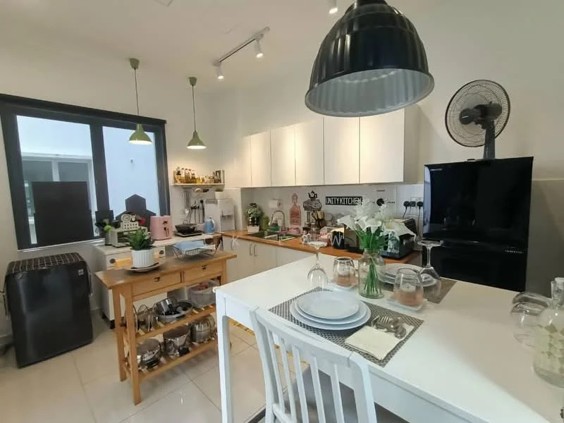Kitchen features: white cabinetry, black countertop, stainless-steel sink, chrome pull-down faucet, built-in oven, freestanding range oven, black refrigerator, kitchen island with wooden base, 4-seater dining table, pendant light, recessed downlights, floor-to-ceiling windows, ceramic tile flooring, wall-mounted fan, decorative vase with flowers; style: modern.