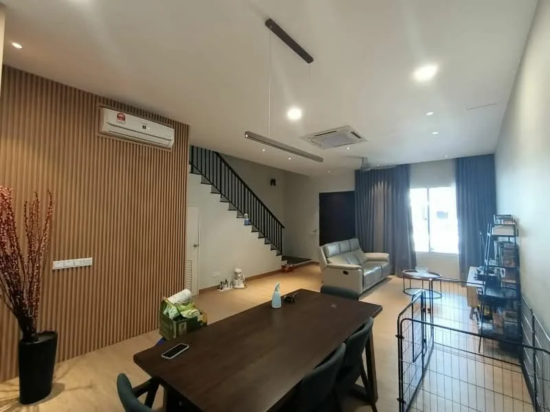 Living features: wooden flooring, cream painted walls, feature wall with wood paneling, recessed downlights, 5-blade ceiling fan with light, floor-to-ceiling windows, sliding glass door, curtains, sofa in grey, dining table, chairs, decorative plant in pot, open shelving unit, air conditioning unit, staircase with metal railing; style: modern.
