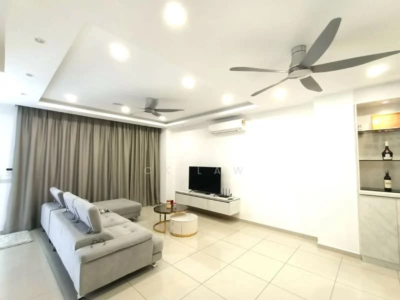 Living features: grey fabric sofa, 2-seater sofa, coffee table, wall-mounted TV, TV console, recessed downlights, 2 ceiling fans, white painted walls, cream tiled flooring, curtains, built-in shelving with decorative items; style: modern.