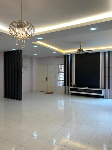 Living features: white tiled flooring, recessed ceiling with LED strip lighting, ceiling fan with light, black feature wall, white entertainment unit, large windows with natural light, door leading to outside, decorative pendant light; style: modern.