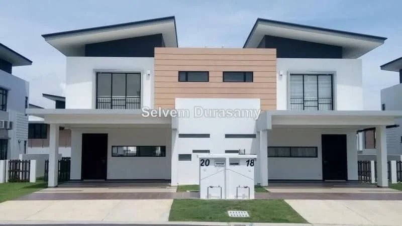 Exterior type: linked terrace house; features: white painted facade, brown wooden accent panel, flat roof, two-storey structure, manicured lawn, paved driveway, two car porches, modern architectural design, large windows, balconies on upper floor; style: modern.