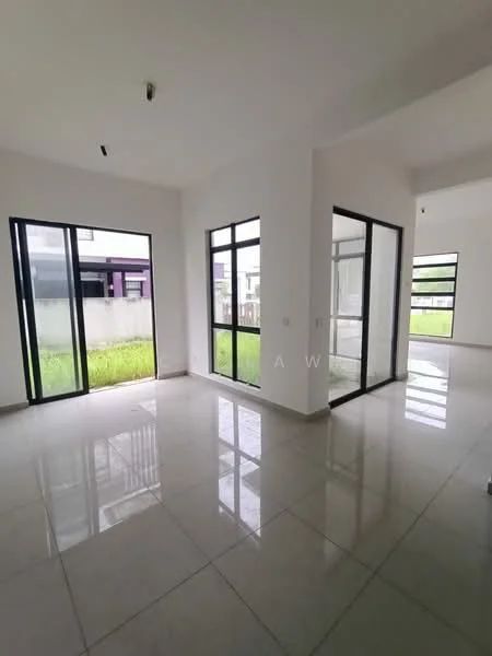 Room features: white painted walls, glossy ceramic tile flooring, large floor-to-ceiling windows, sliding glass door, high ceiling, natural light, open layout, view of greenery; style: modern; view: garden.