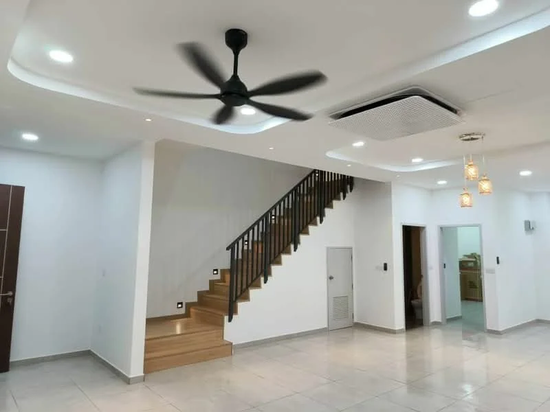 Living features: white painted walls, polished tile flooring, 5-blade ceiling fan with light, recessed downlights, staircase with wooden steps and black railing, air conditioning unit, pendant lights, doorway leading to another room; style: modern.
