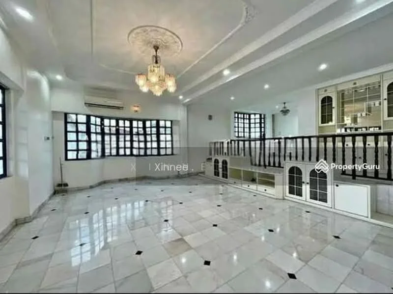 Living features: marble tile flooring, white painted walls, tray ceiling with chandelier, floor-to-ceiling windows, built-in cabinetry with glass doors, black and white decorative accents, air conditioning unit, open layout; style: modern.