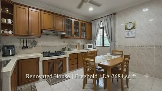 Kitchen features: brown wooden cabinetry, white countertop, stainless-steel sink, built-in gas stove, built-in oven, microwave, refrigerator, ceramic tile flooring, wall clock, window with grid pattern, dining table with four chairs, decorative plates on shelves, curtains, light fixture; style: modern.