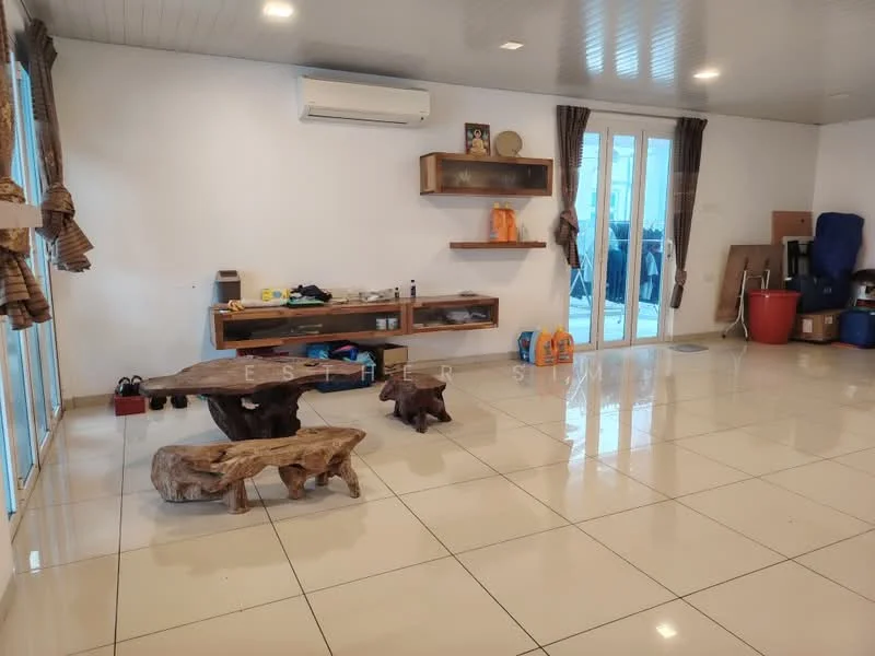 Living features: white painted walls, glossy tile flooring, 5-blade ceiling fan, wall-mounted split AC, sliding glass door, wooden coffee table, wooden console table, decorative wall shelves, curtains, open layout; style: modern.