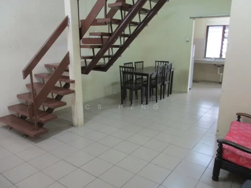 Living features: white painted walls, tile flooring, staircase with wooden steps, dining table with six black chairs, sofa with red upholstery, window with natural light, open layout, neutral color scheme; style: modern. Room features: white painted walls, tile flooring, window with natural light.