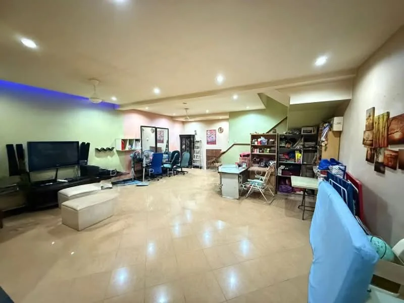 Living features: cream painted walls, green accent wall, tile flooring, recessed downlights, 5-blade ceiling fan, large wall-mounted TV, black TV console, white ottoman, bookshelves, multiple chairs, dining table with chairs, decorative wall art; style: modern.