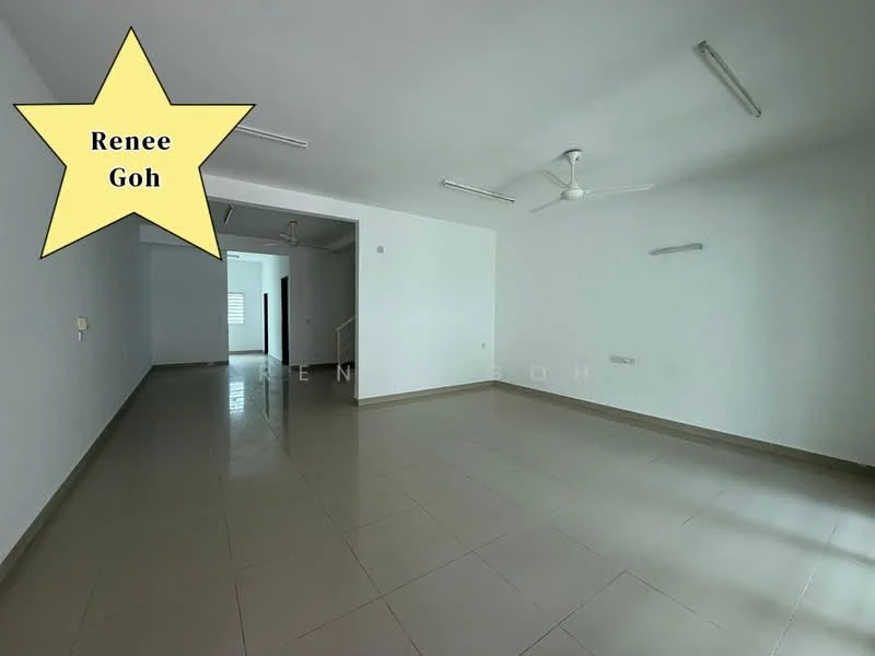 Room features: white painted walls, tile flooring, ceiling fan, LED ceiling lights, large windows, neutral color scheme, open layout, no visible furniture; style: minimalist.