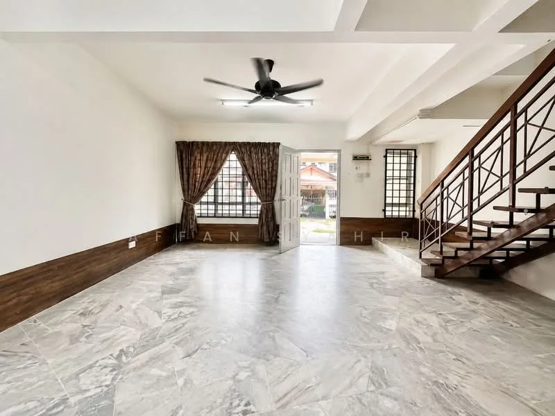 Living features: marble flooring, white painted walls, wood paneling, 5-blade ceiling fan, large windows with grid pattern, curtains in brown, open layout, staircase with wooden railing; style: modern; view: garden.
