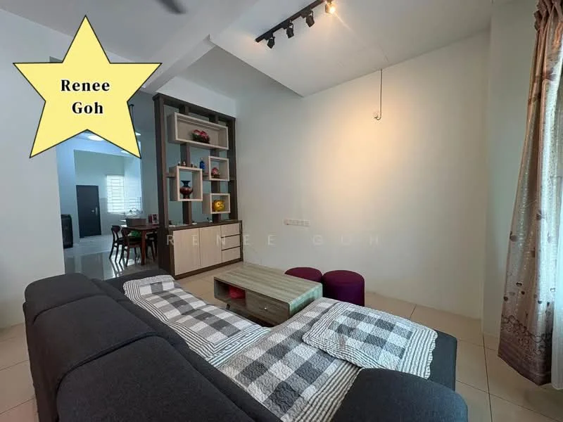 Living features: grey fabric sofa, coffee table, decorative throw blanket, wall-mounted shelving unit, decorative items on shelves, tile flooring, large window with sheer curtains, recessed lighting, wall sconce, plush ottomans in purple; style: modern.