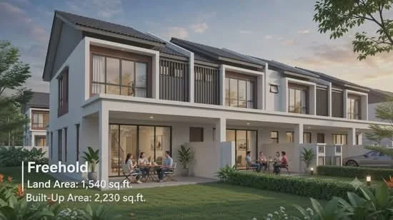 Exterior type: linked terrace house; features: white painted facade, flat roof, two-storey building, manicured lawn, tropical landscaping, outdoor dining area with seating, large windows, solar panels on roof, covered porch, paved walkway, garden area with shrubs; style: modern.