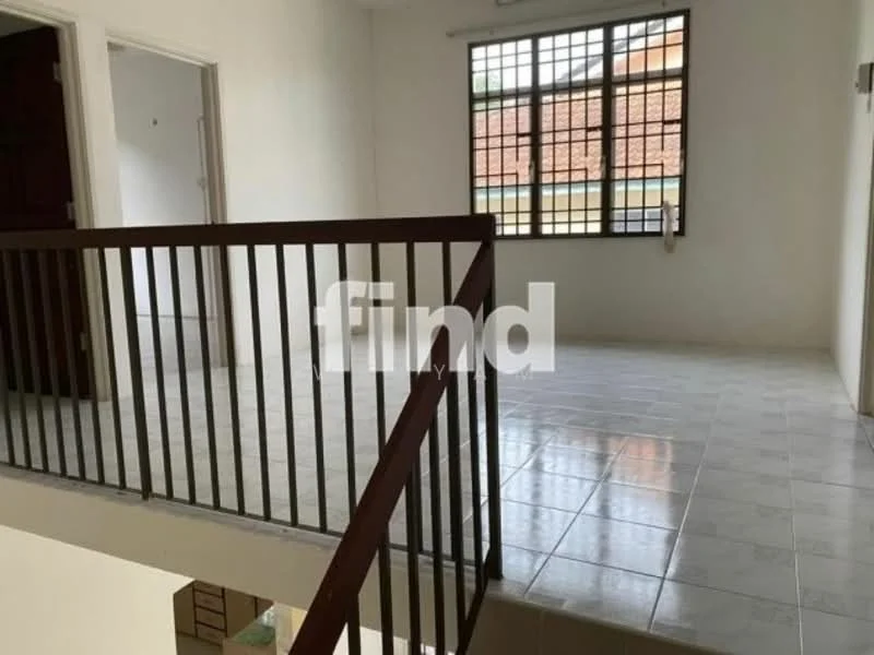 Room features: white painted walls, ceramic tile flooring, wooden railing, large windows, natural light, open space, high ceiling, staircase, view of lower level; style: modern.