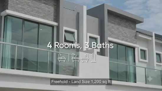 Exterior type: linked terrace house; features: grey stone cladding, white painted facade, glass balcony railing, large windows, sliding windows, flat roof, two-storey, modern architectural design; style: modern.