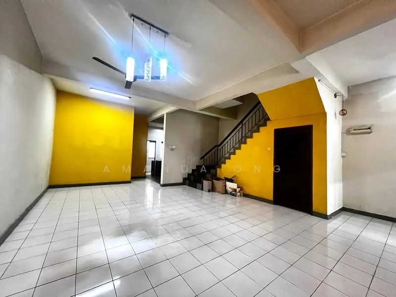 Room features: white tiled flooring, yellow accent wall, cream painted walls, staircase with wooden railing, ceiling fan with light, air conditioning unit, door leading to another room, open layout; style: modern.