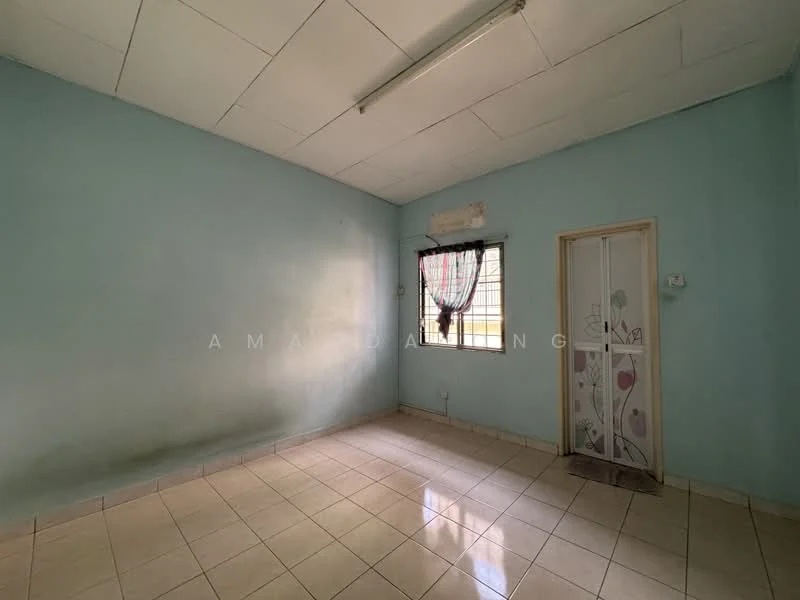 Room features: light blue painted walls, white tiled flooring, window with sheer curtains, single door with decorative glass, ceiling light fixture, corner wall with no visible features, no visible furniture or decor; style: minimalist.