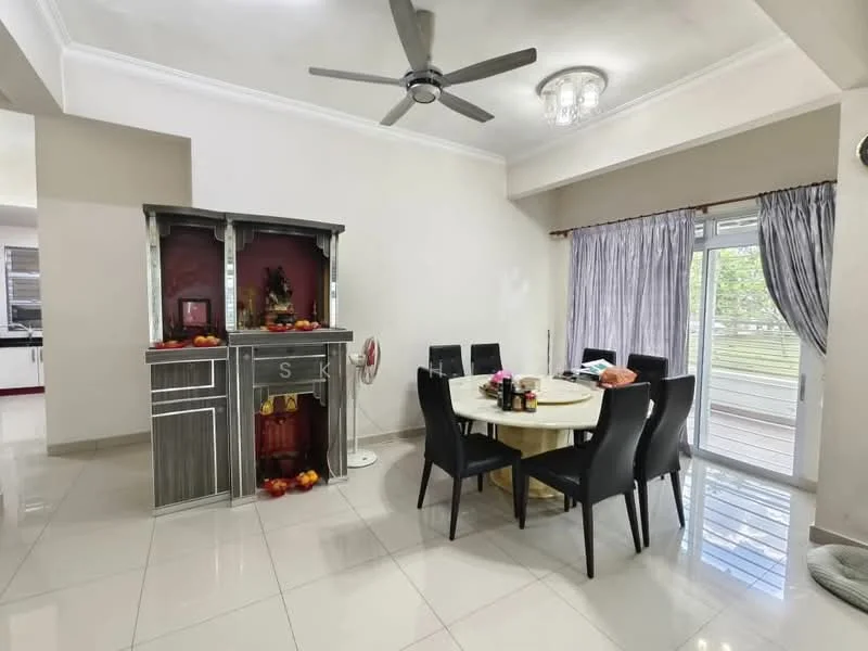 Dining features: round dining table, upholstered dining chairs, 5-blade ceiling fan with light, chandelier, white walls, glossy tile flooring, sliding glass door, curtains, decorative wall unit, fruit bowl on table; style: modern; view: garden.