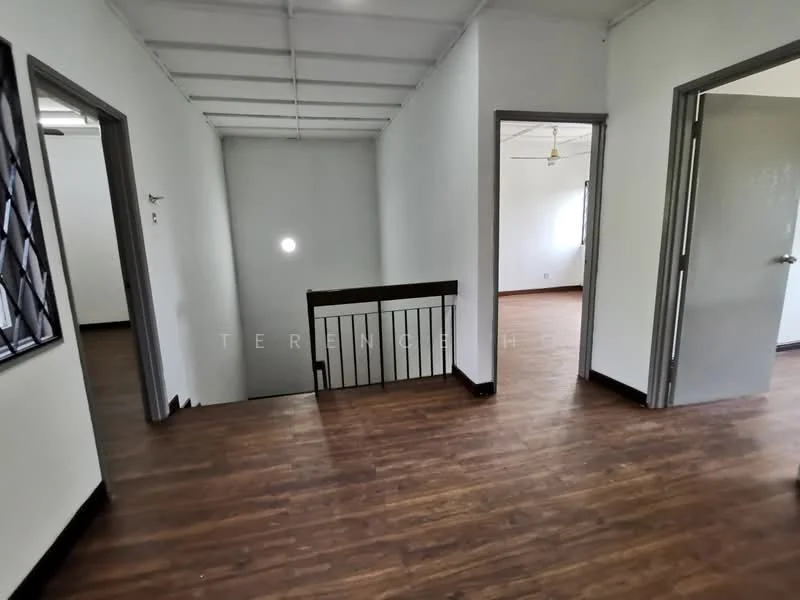 Room features: laminate flooring, white painted walls, ceiling with exposed beams, staircase with metal railing, doorways leading to other rooms, window with security grille, light fixture on ceiling, natural light from window; style: modern.