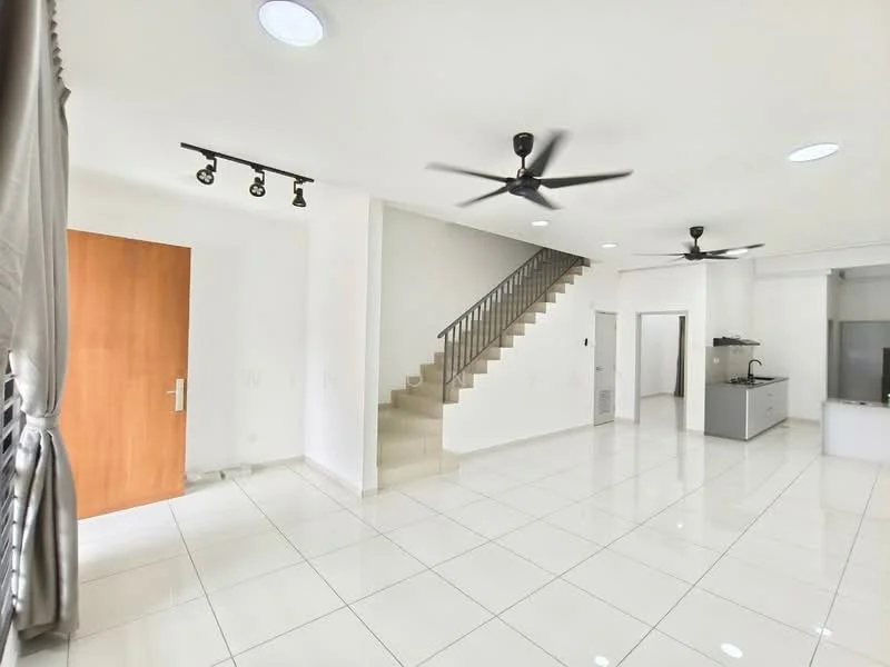 Living features: white painted walls, glossy white tile flooring, 5-blade ceiling fan with light, track lighting, staircase with metal railing, large windows with sheer curtains, open layout, kitchenette area visible; style: modern.