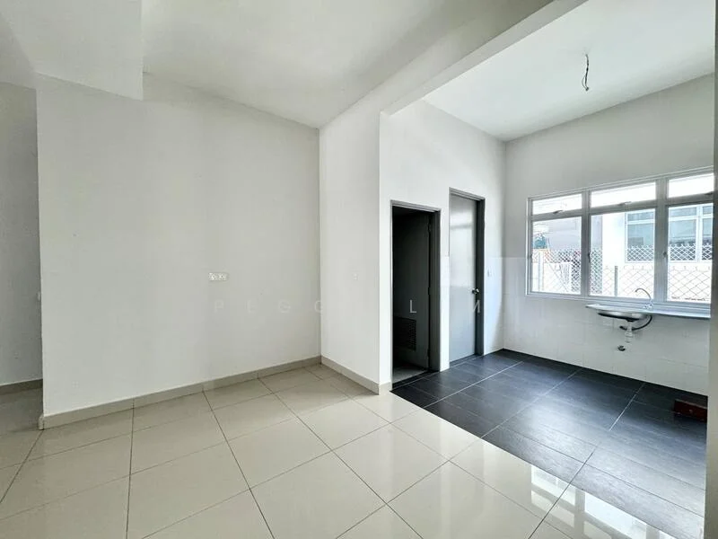 Room features: white painted walls, grey floor tiles, large windows, doorway leading to another room, sink with faucet, no visible furniture, high ceiling, natural light; style: modern.