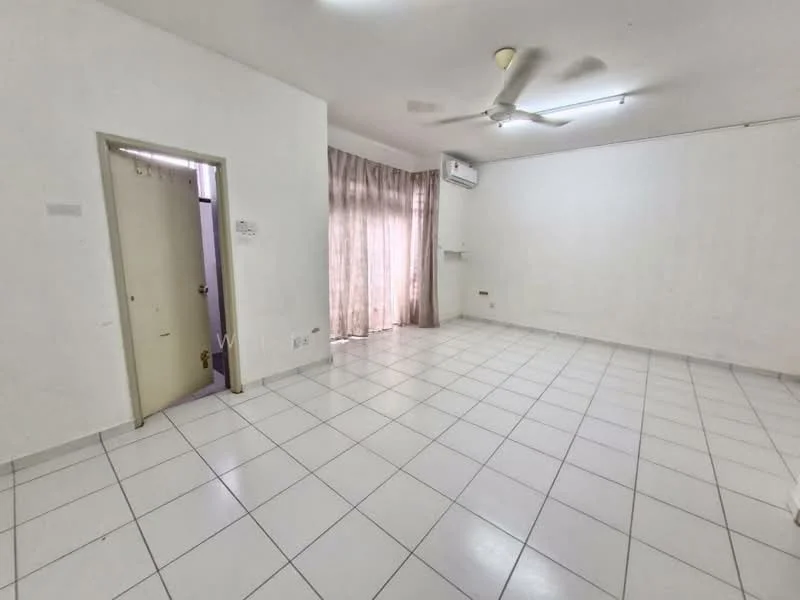 Living features: white painted walls, white tiled flooring, ceiling fan, wall-mounted split AC, floor-to-ceiling windows with sheer curtains, light from windows, door leading to hallway, neutral color scheme; style: modern.