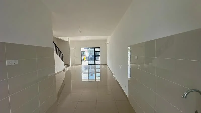 Room features: white painted walls, glossy ceramic tile flooring, large glass door, staircase with black railing, recessed lighting, open layout, neutral color scheme, window with natural light; style: modern.