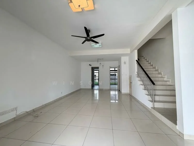 Living features: white painted walls, ceramic tile flooring, 5-blade ceiling fan with light, recessed downlights, large windows, sliding glass door, staircase with white railing, open layout, neutral color palette; style: modern.