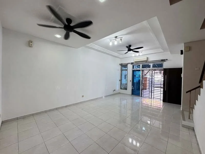 Living features: white painted walls, polished ceramic tile flooring, tray ceiling, recessed downlights, 2-blade ceiling fans, floor-to-ceiling windows, sliding glass door, natural light from windows, open layout, staircase visible; style: modern; view: garden.