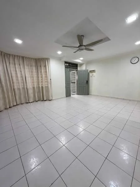 Room features: white painted walls, white ceiling, recessed downlights, 5-blade ceiling fan, tiled flooring, curtains, wall clock, double-door entrance, grid security door; style: modern.