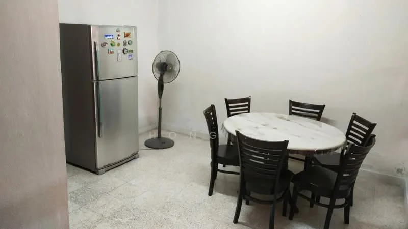 Dining features: round marble dining table, 6 black wooden dining chairs, stainless-steel fridge, floor fan, white painted walls, grey tiled flooring.