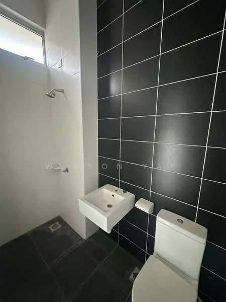Bathroom features: black tiled walls, grey tiled flooring, wall-mounted shower head, single-sink vanity, white toilet, window for natural light; style: modern.