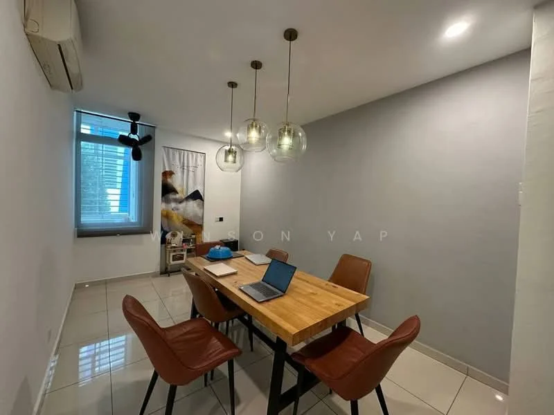 Dining features: rectangular wooden dining table, 4 brown leather dining chairs, 3 pendant lights with glass shades, white painted walls, grey accent wall, floor-to-ceiling window, air conditioning unit, ceramic tile flooring, decorative wall art, laptop on table; style: modern.