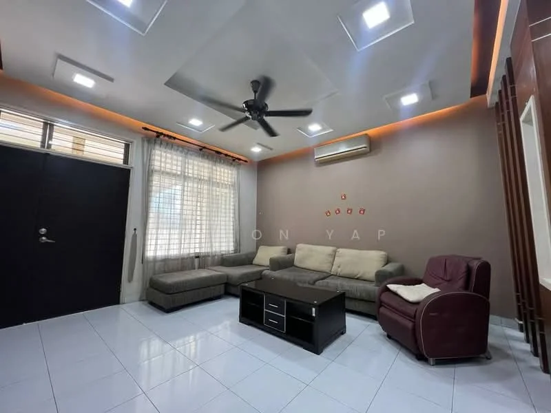 Living features: L-shape sectional sofa in grey, single armchair in burgundy, coffee table with storage, white tiled flooring, recessed ceiling lights, 5-blade ceiling fan, curtains on windows, air conditioning unit, decorative wall with accent lighting; style: modern.