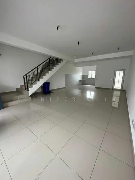 Room features: white painted walls, glossy tile flooring, staircase with metal railing, large windows, open layout, ceiling lights, utility area, door leading outside; style: modern.