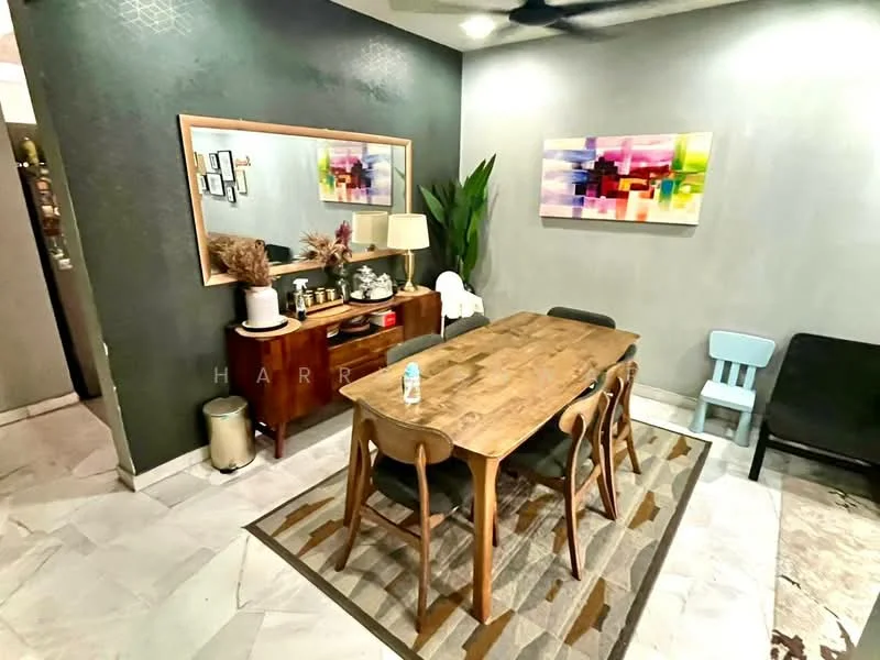 Dining features: wood dining table, 4 wooden dining chairs, area rug with geometric pattern, framed mirror, decorative wall art, green plant, sideboard with decorative items, pendant light, grey painted walls, marble tile flooring; style: modern.