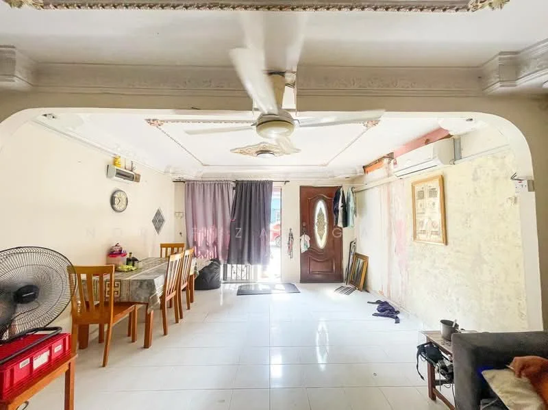 Living features: white painted walls, polished tile flooring, tray ceiling with decorative moulding, 5-blade ceiling fan, wall-mounted air conditioning unit, dining table with four wooden chairs, wooden front door, curtains in grey fabric, decorative wall art, sofa in neutral color, floor fan; style: traditional.