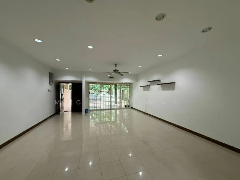 Living features: white painted walls, glossy ceramic tile flooring, 5-blade ceiling fan with light, recessed downlights, floor-to-ceiling windows, sliding glass door, open shelving, door leading outside; style: modern; view: garden.