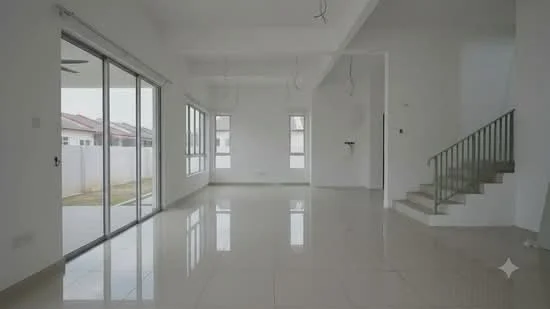 Living features: white painted walls, glossy ceramic tile flooring, floor-to-ceiling windows, sliding glass door, staircase with metal railing, recessed downlights, ceiling fan, open layout, natural light from multiple windows; style: modern; view: garden.