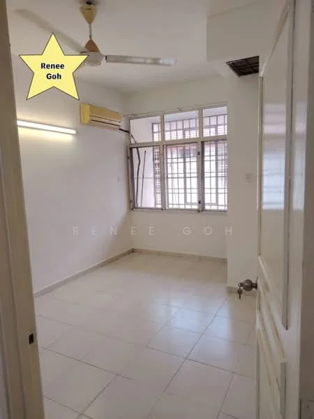 Room features: white painted walls, tile flooring, 1 wall-mounted split AC, ceiling fan, large windows, window treatments, light fixture, door with handle.